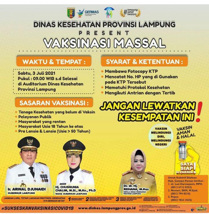 Dinkes Lampung Adakan Vaksinasi Massal 3 Juli 2021