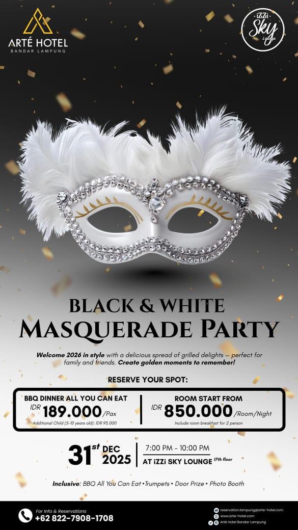 Arte Hotel Bandar Lampung Sambut Tahun Baru 2026 dengan “Black & White Masquerade Party”