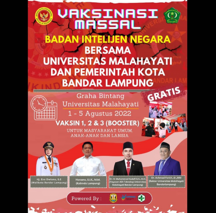 Besok! BIN Bersama Universitas Malahayati dan Pemkot Bandar Lampung Gelar Vaksinasi Massal 