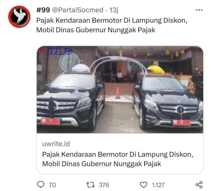 Heboh! Kendaraan Dinas Pejabat di Lampung Diduga Nunggak PajakÂ 