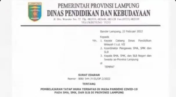 Pembelajaran Tatap Muka SMA Sederajat di Provinsi Lampung Diizinkan