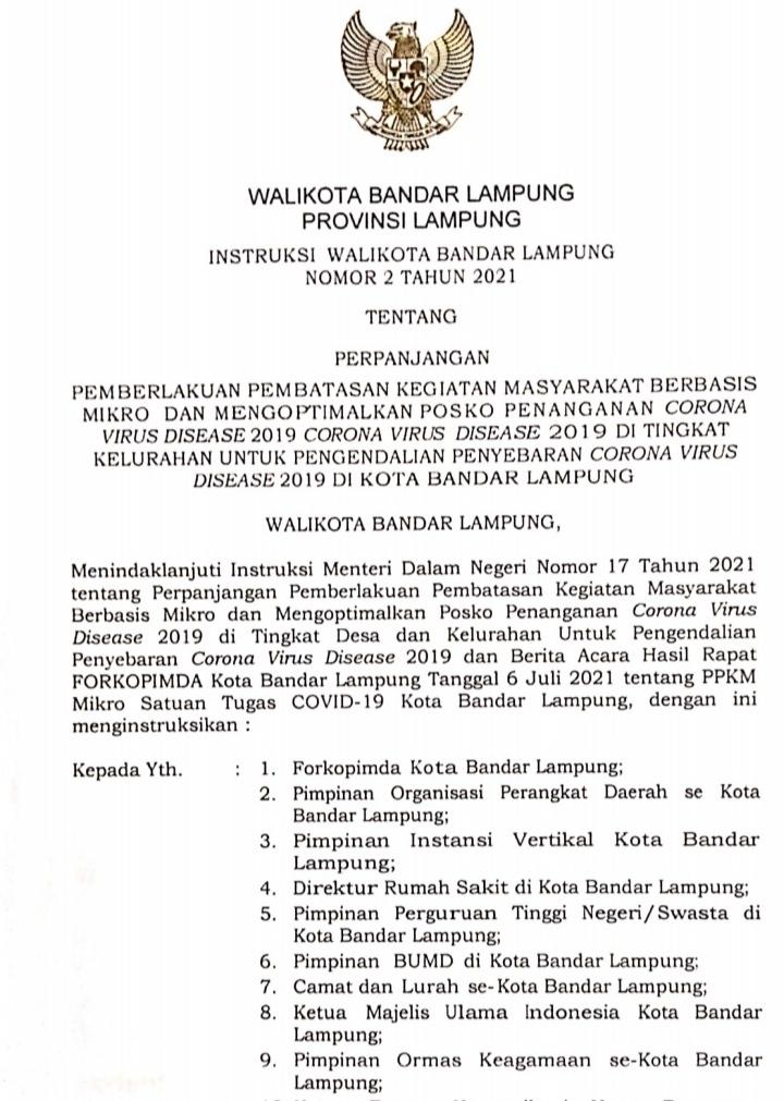Intruksi Walikota  Bandar Lampung  PPKM  Resmi di Perpanjang