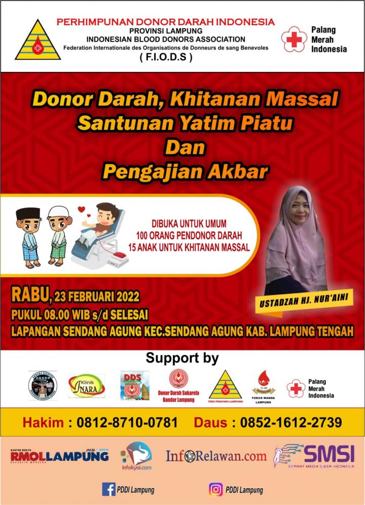 PMI Gelar Donor Darah, Khitanan Masal, dan Pengajian Akbar di Lampung Tengah Rabu 23 Februari 2022
