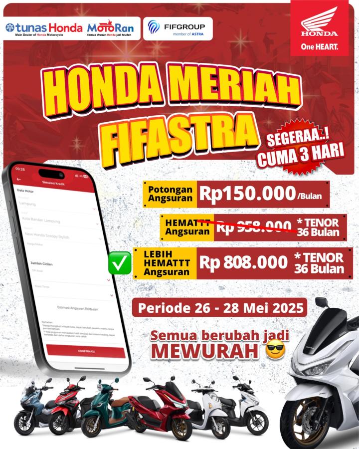 Banjir Promo Meriah di TDM Raden Intan, Tawarkan Potongan Angsuran Rp150 Ribu untuk Pembelian Motor Baru
