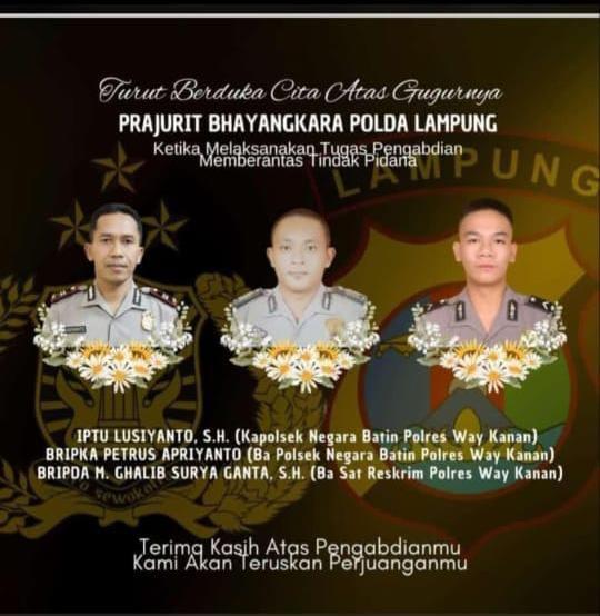 3 Anggota Polisi Gugur saat Berantas Tindak Pidana Judi Sabung Ayam di Way Kanan