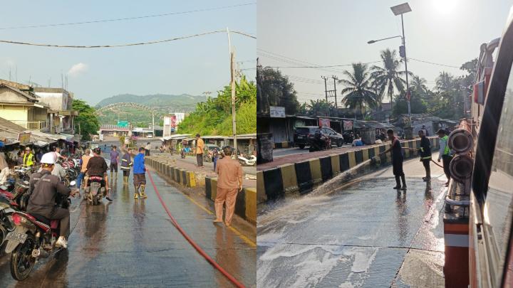 Jalan Licin Akibat Tumpahan Oli di Kalianda, Sejumlah Pengendara Sempat Terpeleset