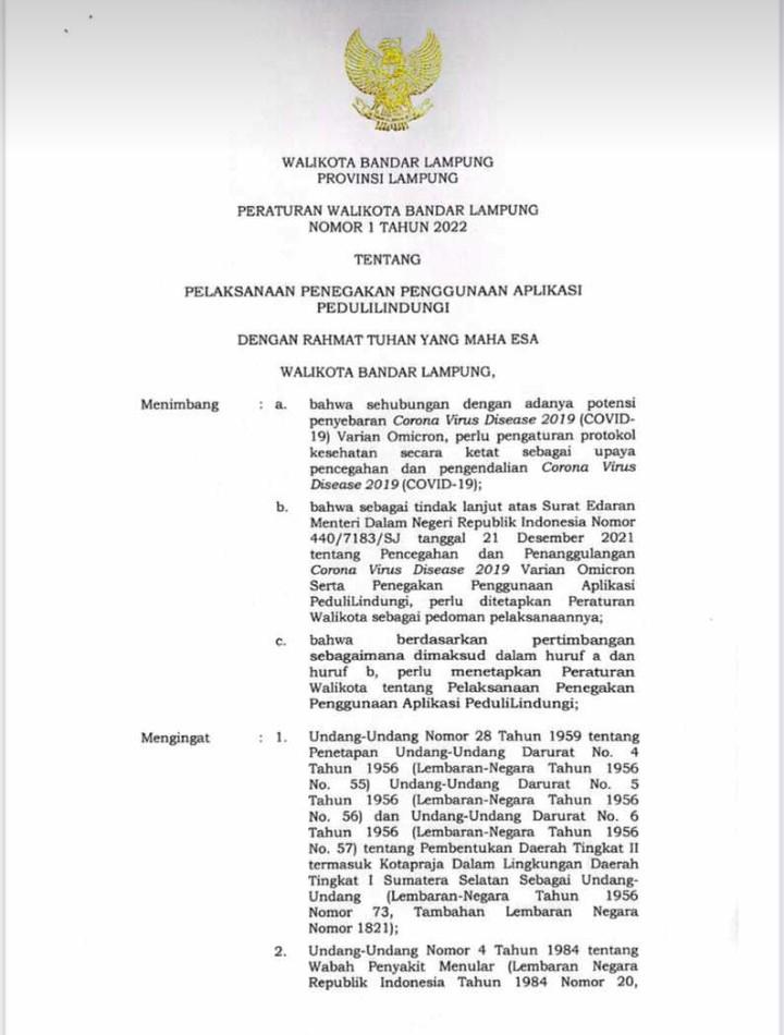 Peduli Lindungi Wajib Dipasang Pada Ruang Publik di Kota BandarlampungÂ 