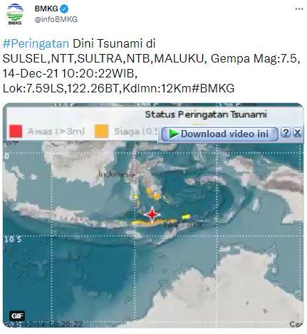 Gempa M 7,5, di Larantuka,  BMKG Keluarkan Peringatan Dini Tsunami 