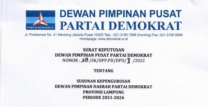 Dilantik Besok, Ini Bocoran Nama-nama Pengurus Partai Demokrat Lampung