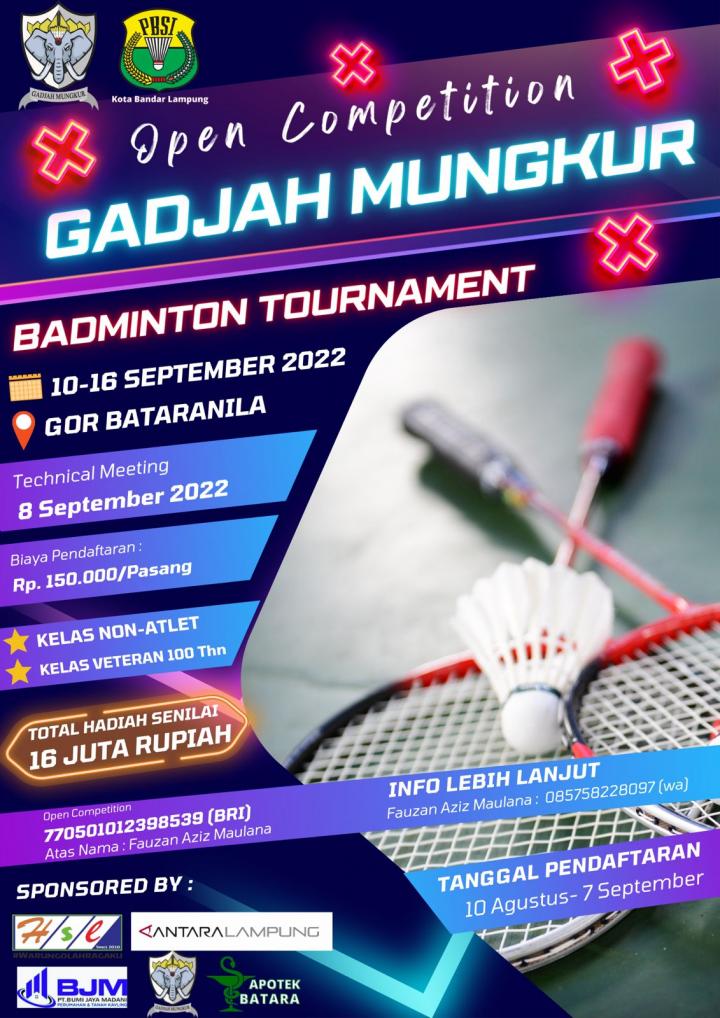 PB Gajah Mungkur akan gelar open tournament badminton dari 10-16 September 
