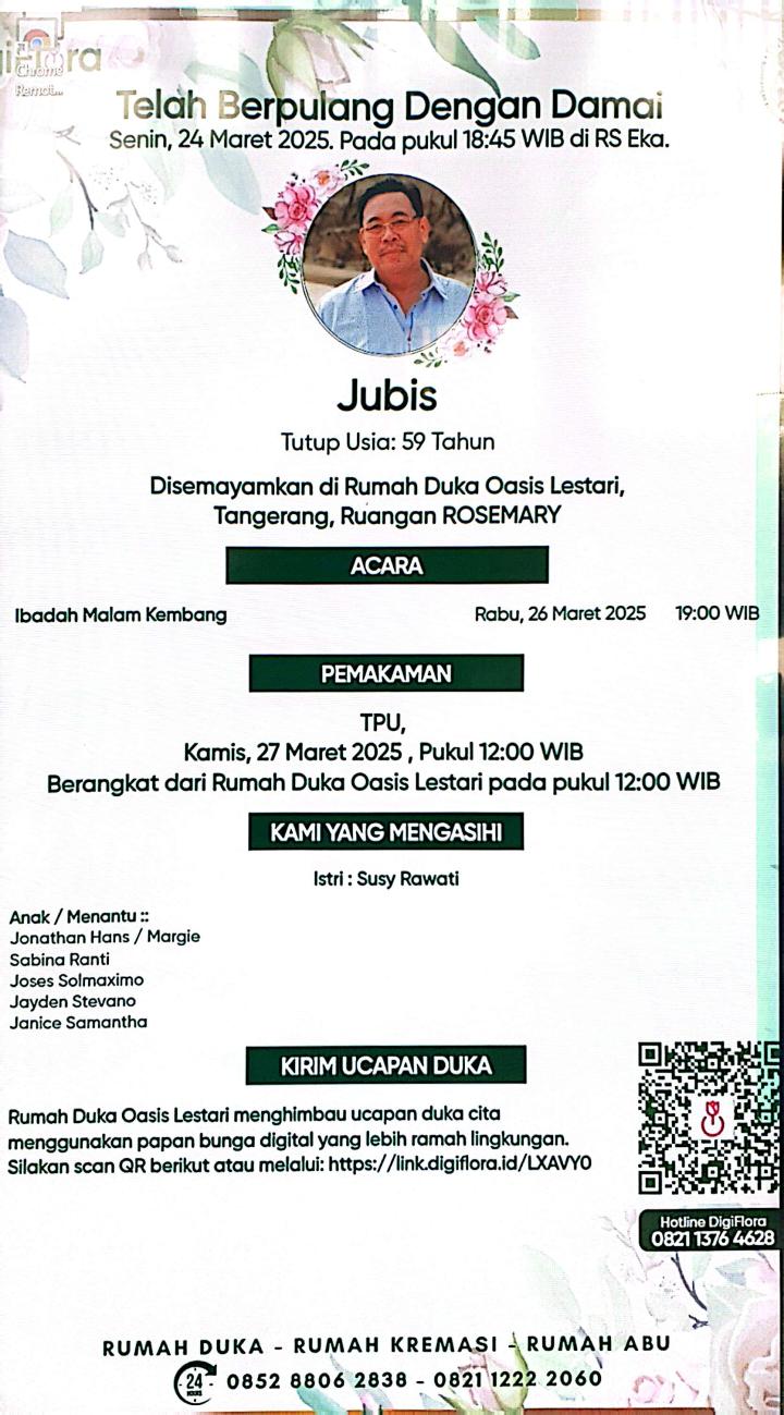 RIP Jubis (Asen) Berpulang ke Rumah Bapa di Surga, Jenazah Disemayamkan di Rumah Duka Oasis Lestari Tanggerang