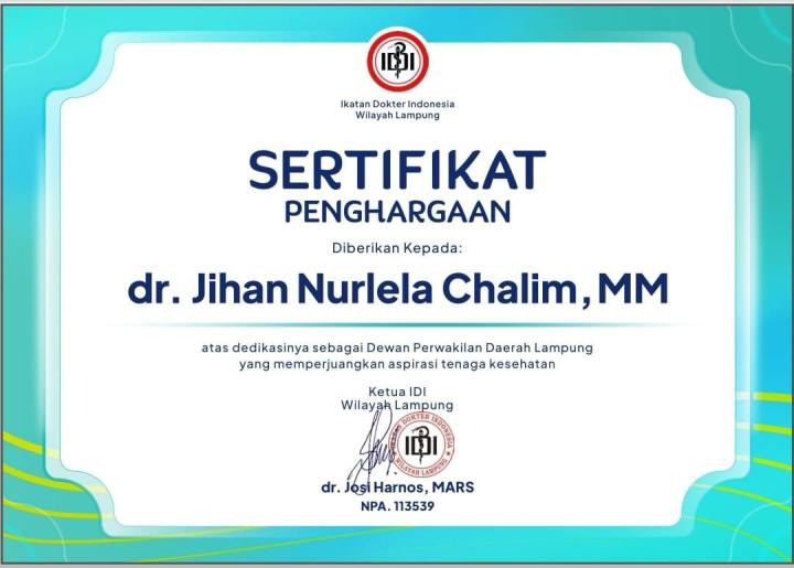dr Jihan Nurlela Terima Penghargaan IDI Lampung Atas Dedikasinya Dibidang Kesehatan 