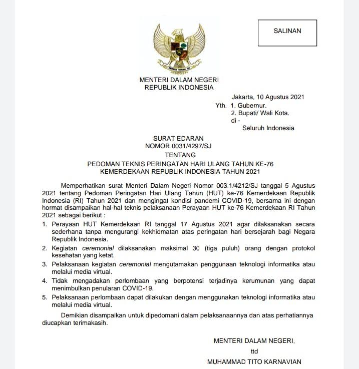 Catat! Ini Teknis Pelaksanaan Perayaan HUT ke-76 Kemerdekaan RI Tahun 2021