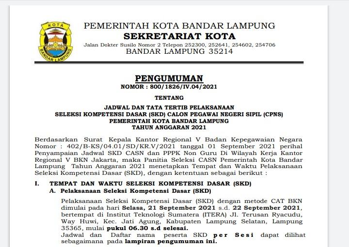 Catat! Ini Jadwal Pelaksanaan dan Tata Tertib Tes SKD CPNS Pemerintah Kota Bandarlampung