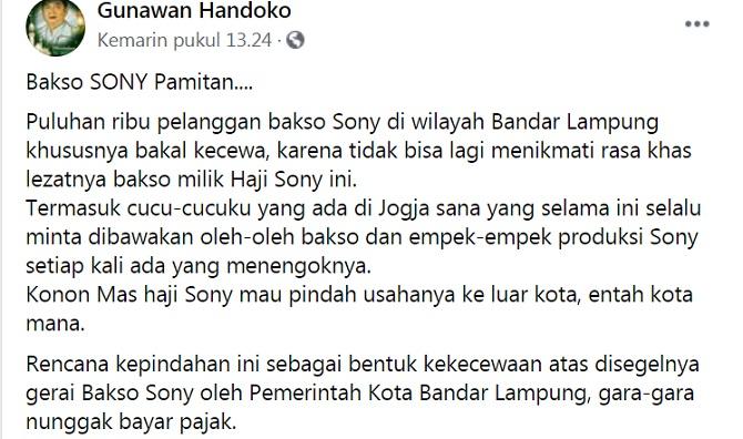 Polemik Bakso Son Hajisony Alasan Angkat Kaki dari Bandar Lampung