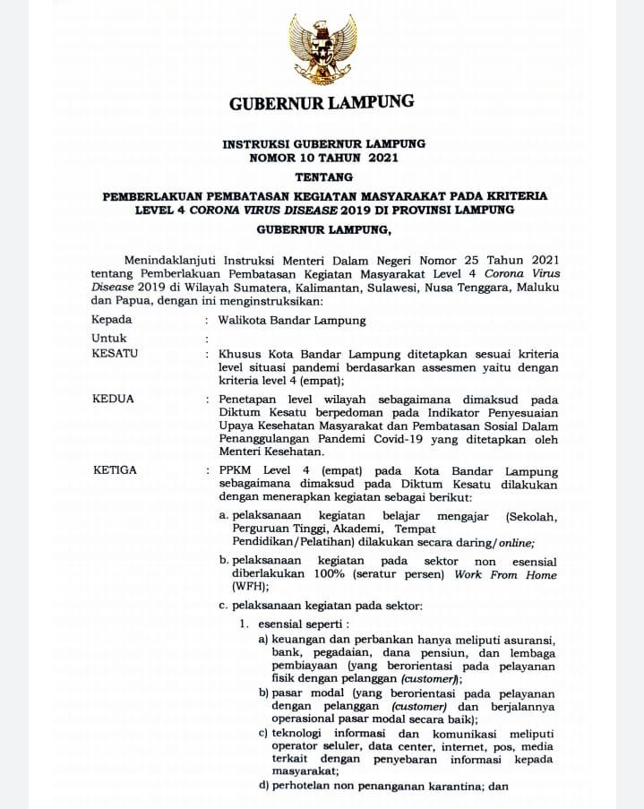Resmi! Gubernur Lampung Terbitkan Surat Edaran (SE) Terkait PPKM, Kota Bandarlampung Masuk PPKM Level 4