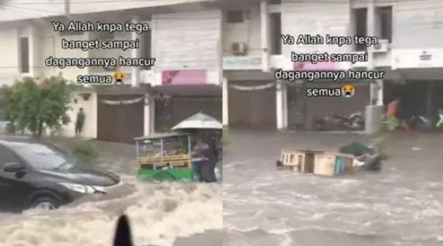 Viral Mobil Senggol Gerobak Jualan Bapak Ini Saat Banjir, Warganet: Adab manusia jaman now miris banget!