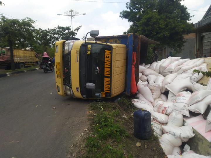 Hindari Mobil Berlawanan, Truk Muatan Pupuk Terguling