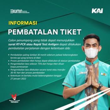 Pengembalian Biaya Tiket Penumpang KA Tanpa Surat RT/PCR atau Rapid Antigen Dikembalikan 75 persen