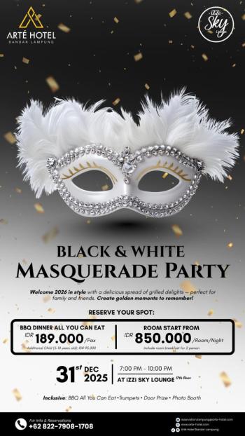 Arte Hotel Bandar Lampung Sambut Tahun Baru 2026 dengan “Black & White Masquerade Party”