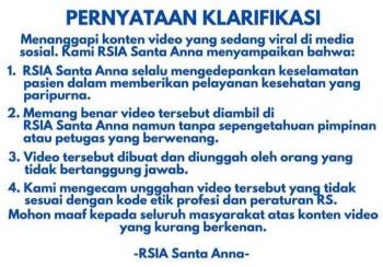 RSIA Santa Ana Tanggapi Video Viral Nakes  