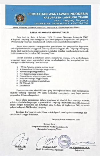 Pleno Dadakan PWI Lampung Timur Tuai Sorotan, Sembilan Anggota Dipecat
