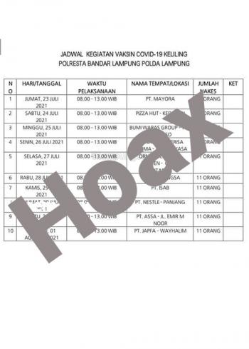 Jadwal Vaksin Keliling di Pizza Hut Kedaton, HOAKS!