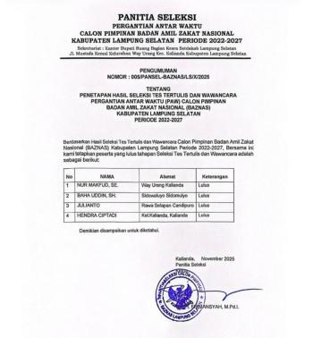 Hasil Seleksi Tes Tertulis dan Wawancara Calon Pimpinan Badan Amil Zakat Nasional (Baznas) Kabupaten Lampung Selatan periode 2022-2027
