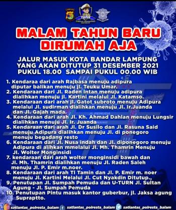 Catat! 10 Titik Jalan yang Ditutup Pada Malam Tahun Baru 2022 di Bandarlampung