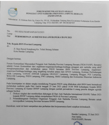 BNN Lampung-FKMPANPLB, Segera Adakan Deklarasi Dalam Rangka HANI 2021 