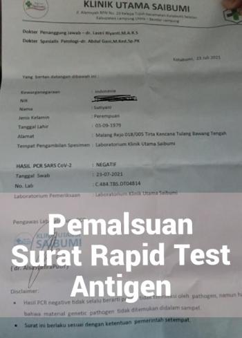 Surat Antigen Palsu Beredar! Klinik Pratama Saibumi Jadi Korban