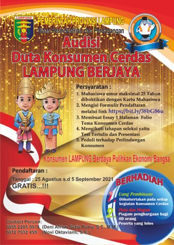 Pemprov Lampung Melalui Dinas Perindag Menggelar Audisi Duta Konsumen Cerdas Lampung BerjayaÂ 