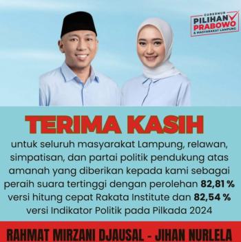 Tanggapi Hasil Kemenangan di Quick Count, TPT Mirza-Jihan Bersyukur dan Menunggu Hasil Resmi KPU