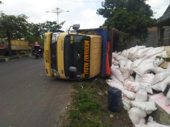 Hindari Mobil Berlawanan, Truk Muatan Pupuk Terguling